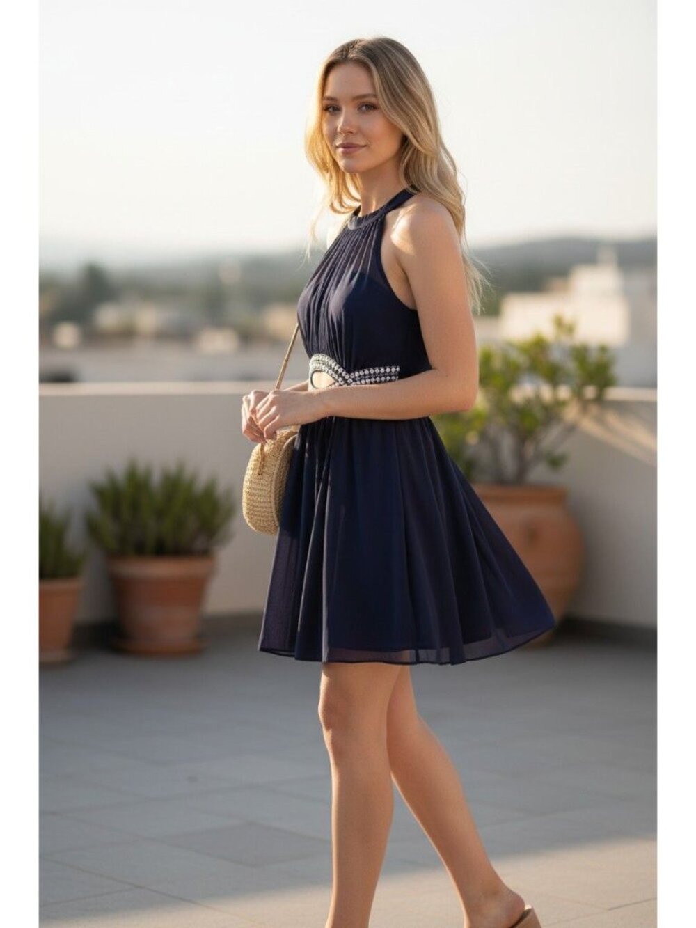 "It Girl" Blue Ruched Halter Mini Dress Glamorous Cocktail Art Deco Old Money - Picture 4 of 14